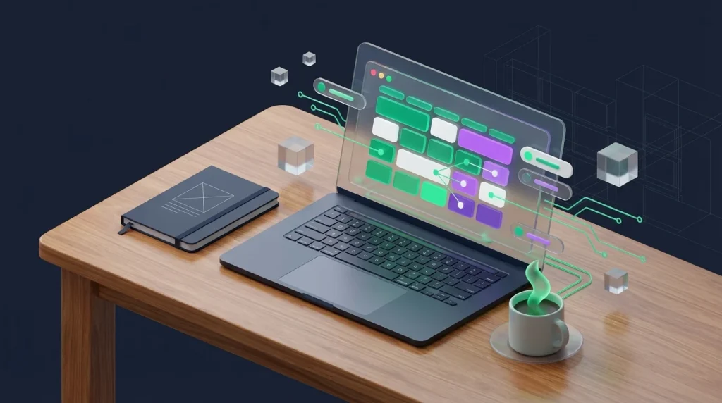 Laptop showing a colorful spreadsheet on a kitchen table with coffee.