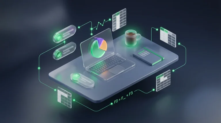 A laptop showing a colorful budget chart on a wooden desk with a coffee mug