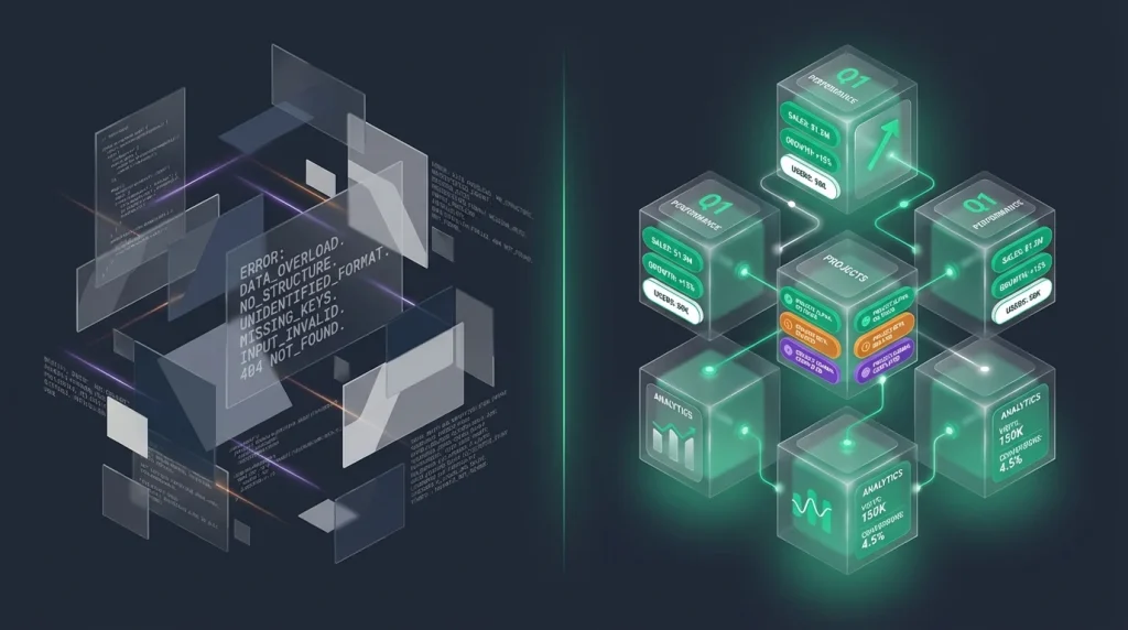 Comparison of messy text versus organized data blocks in a spreadsheet application