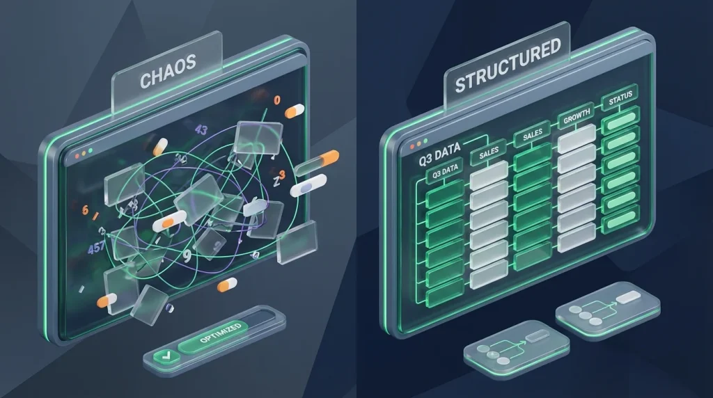 A side-by-side comparison of a disorganized spreadsheet and a perfectly formatted spreadsheet.