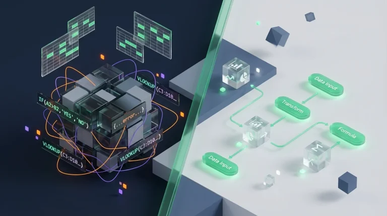 Comparison between confusing spreadsheet code lines and clear visual node building elements