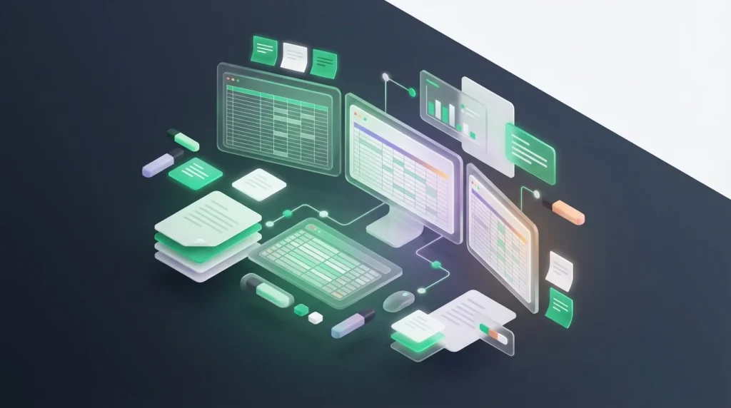 Computer screens showing complex spreadsheet grids covered in paper sticky notes.