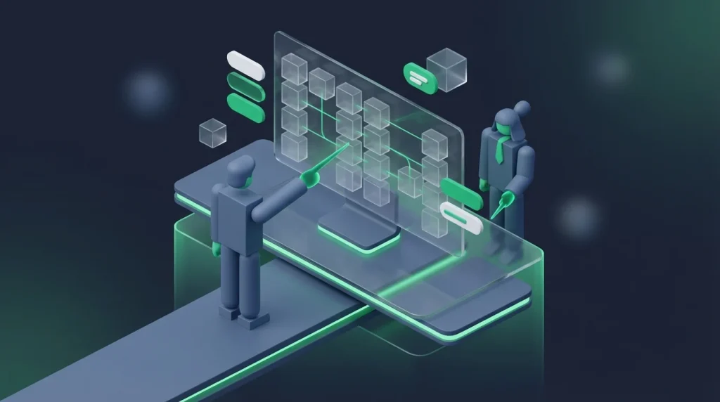 Two office workers discussing a blank spreadsheet grid on a computer monitor.