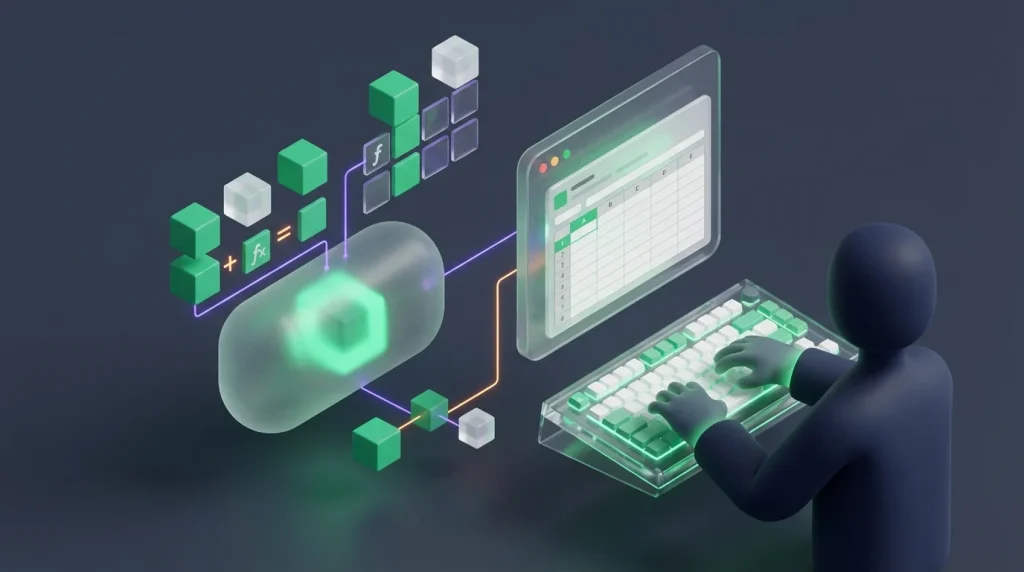 Person typing on a keyboard with a spreadsheet on the monitor.
