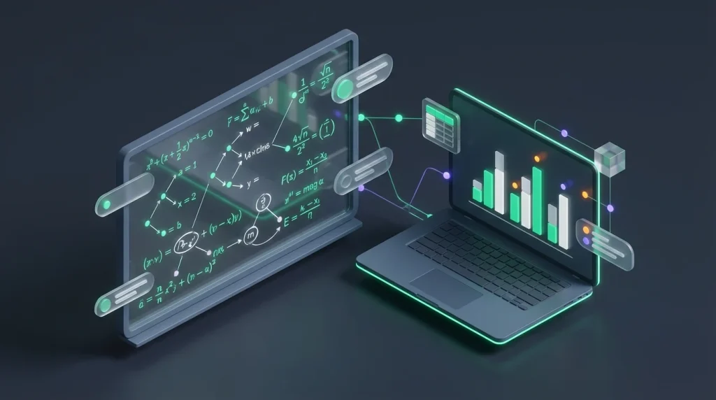 Whiteboard covered in complex equations next to a laptop displaying a simple chart.