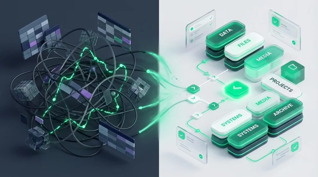 A chaotic wire mess compared to neatly organized storage boxes.
