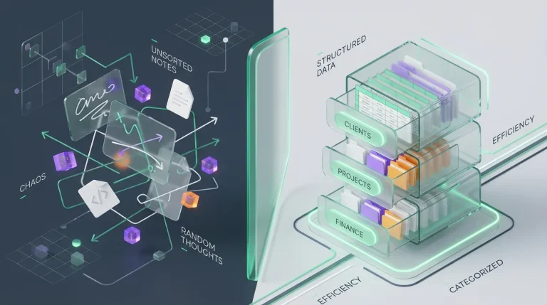 Split screen of messy whiteboard and organized file cabinet