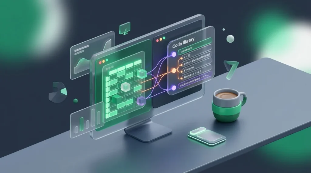 Computer monitor displaying a spreadsheet and a formula library interface on a clean desk.