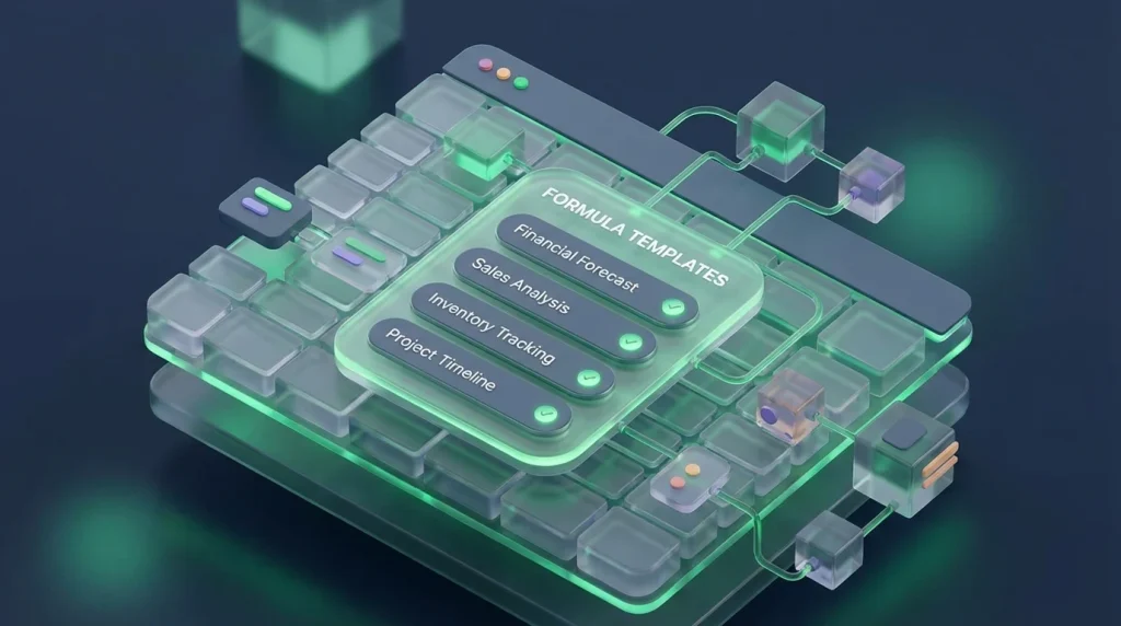 Close-up of a spreadsheet interface showing a sidebar with saved formula templates.