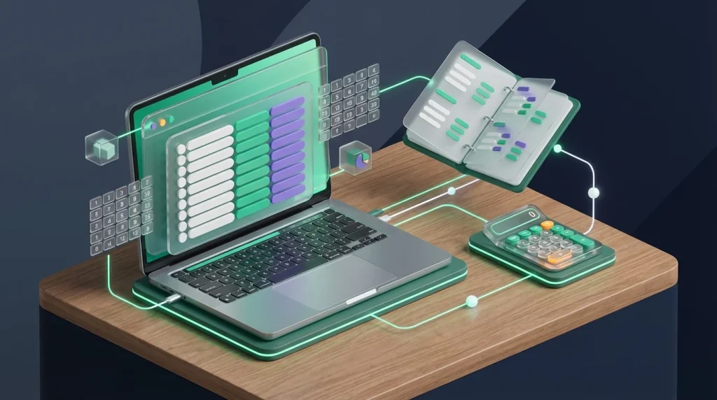 A laptop showing financial spreadsheet data alongside a calculator and notebook.