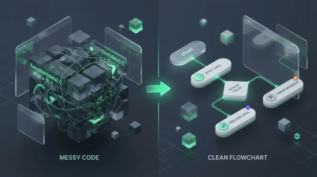 A visual comparison of messy complex spreadsheet formulas versus a clean visual builder flowchart