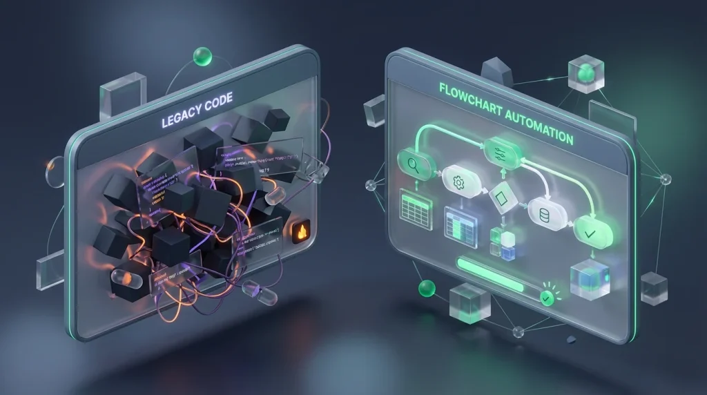 Comparison of complex text code and a clean visual flowchart.