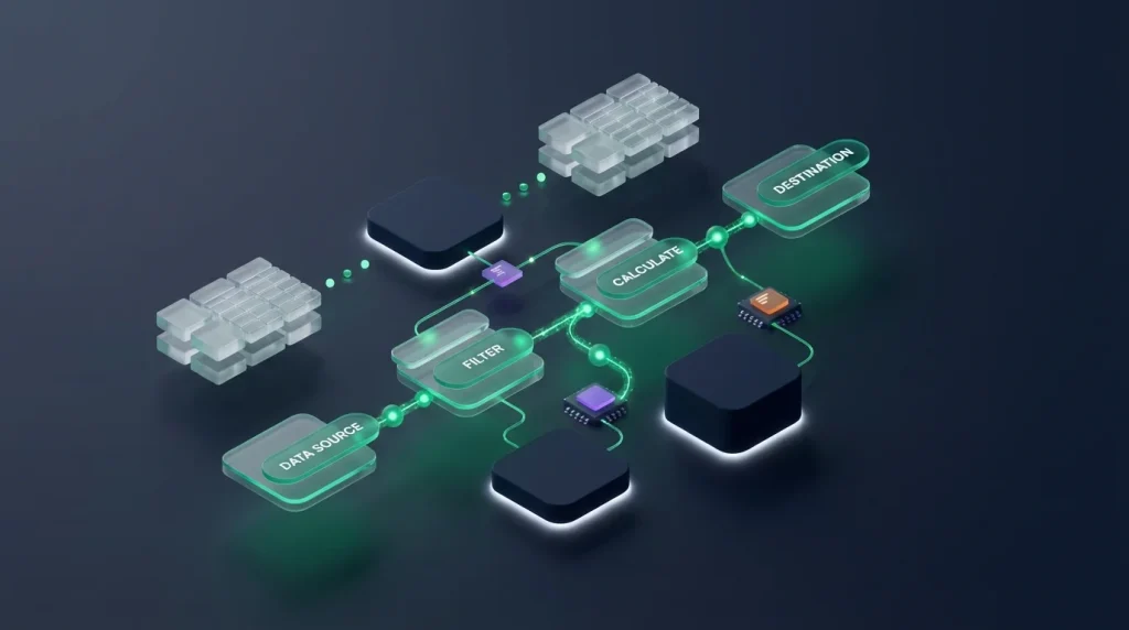 Visual interface displaying drag and drop logic blocks for data calculations