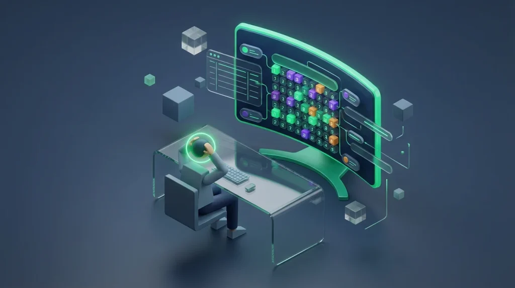 Frustrated analyst trying to write complex spreadsheet formulas on a computer monitor.