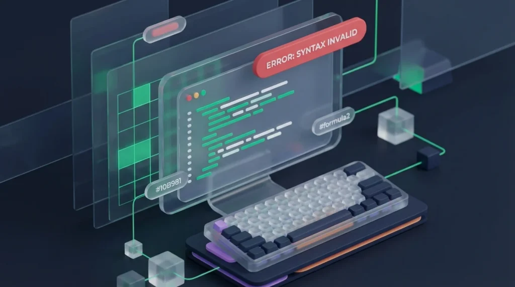 Computer monitor showing lines of code and a red error notification box