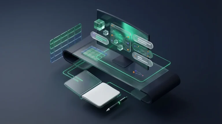 A workspace featuring a computer screen showing data analytics next to office supplies.