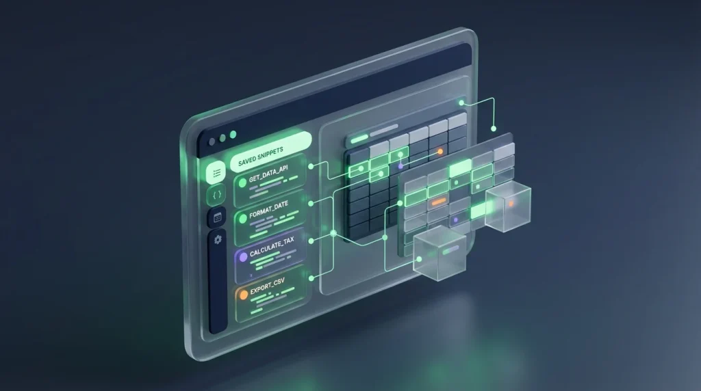 A computer screen showing a side panel tool used to save custom spreadsheet formulas next to a data table.