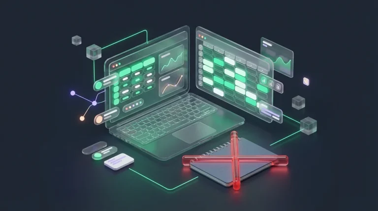 A laptop screen showing spreadsheet software alongside a notebook crossed out in red ink.