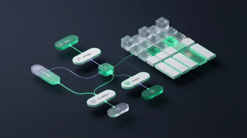 A visual interface connecting logical conditions helping a user save custom spreadsheet formulas effortlessly.